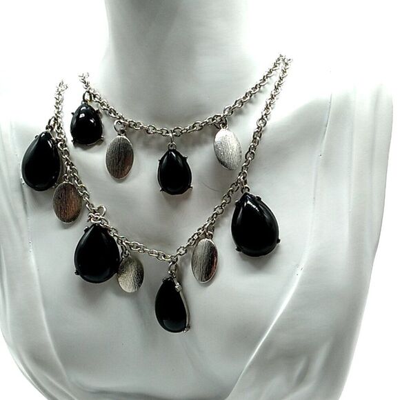 Synthetic Black Cabochon & Silver-tone Double Strand Necklace 16-19" NWOT - Picture 9 of 12
